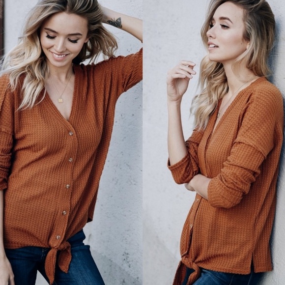 (18)🍁New Fall🍁 Waffle Knit Button Down Front Tie Casual Relaxed Fit Top - Picture 7 of 7